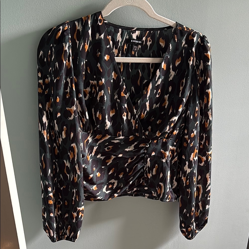 Express Black and Brown Wrap Blouse with Long Sleeves